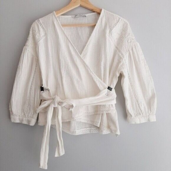 ZARA Cotton Linen Blend Boho Floral Embroidery Wrap Top Sz S - Picture 3 of 13